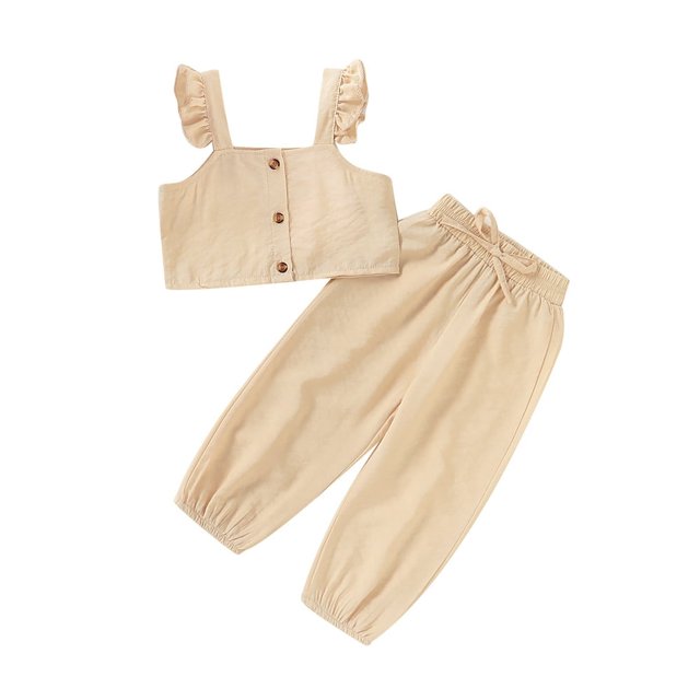 Toddler Baby Girl Solid Color Ruffle Sleeveless Button Down Halter Tank Crop Tops and Pants Outfits Yellow 1-2 Years