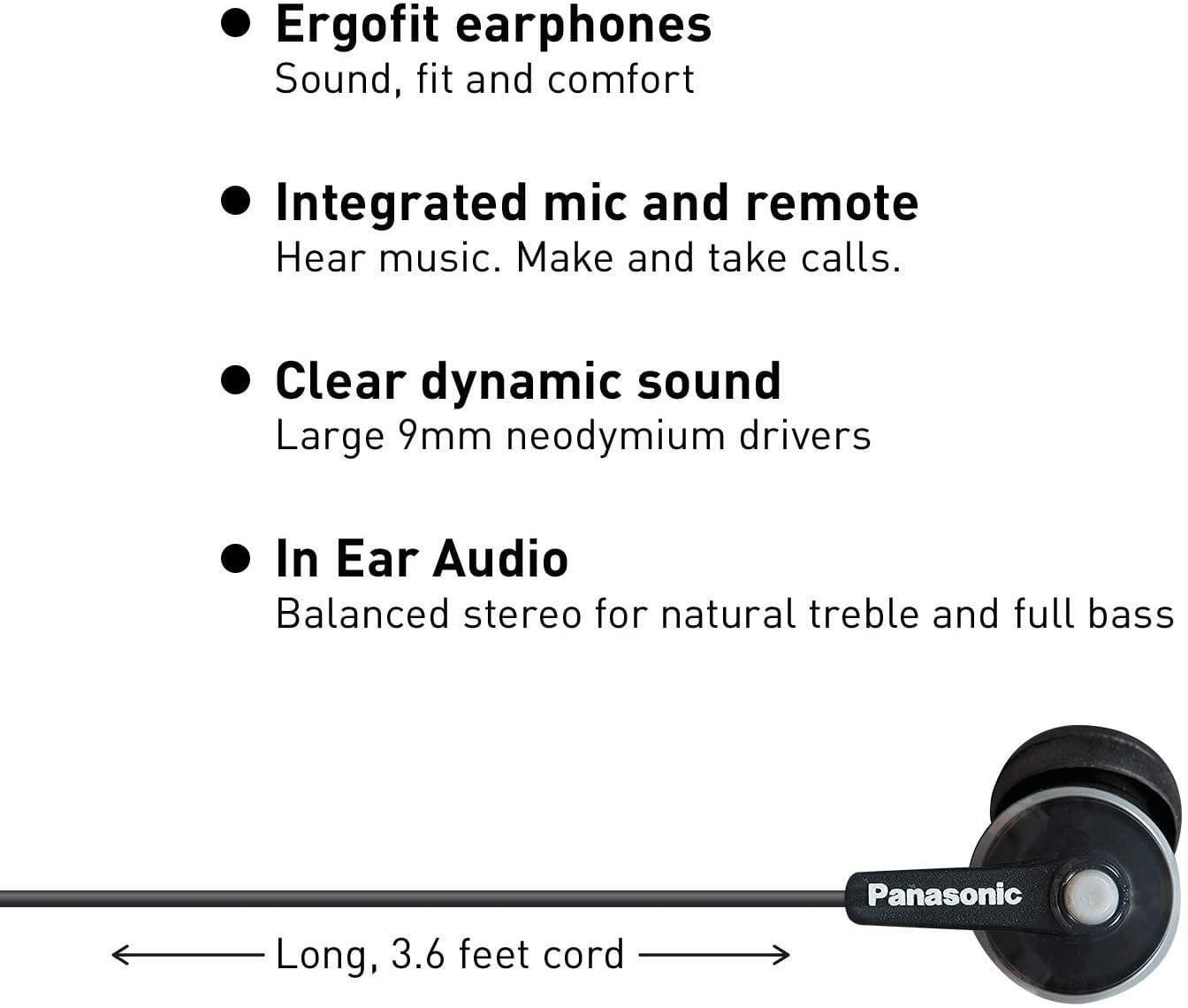 Panasonic ErgoFit Écouteurs intra-auriculaires avec micro et contrôleur, Noir