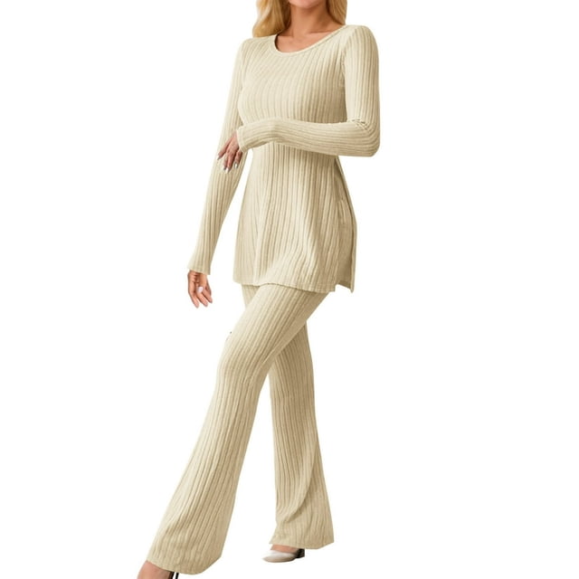 Women‘s Two Piece Knit Matching Outfits Crew Neck Slit Hem Tee And Pants Tracksuit Sets