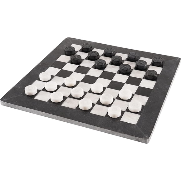 RADICALn Checkers Board Game 15 Inches Black and White Handmade Marble 2 Player Tournament Checker Set - Portable Table Draughts Kids Board Games Sets