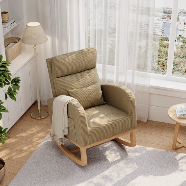 Modern Nursery Rocking Chair, Boucle Upholstered Rocking Chair, Comfortable Rocker Recliner with Side Pocket, Rocker Glider for Living Room, Bedroom, Nursing Room, Light Brown