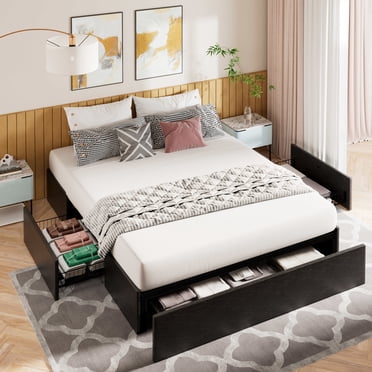 Amolife Queen Storage Bed Frame with 3 Drawers, Faux Leather Upholstered Platform Bed, Wooden Slat Support, No Box Spring Needed, Black