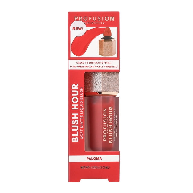 PROFUSION COSMETICS Blush Hour soft matte liquid blush in Paloma shade, in red packaging with glittery rose gold cap and sponge applicator, offering a cream to soft matte finish with long-lasting, richly pigmented, vegan and cruelty-free formula for a natural flushed glow.