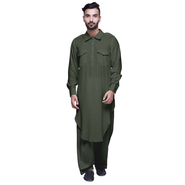 Atasi Classic Collar Pathani Kurta Pajama For Boys Rayon Front Pocket Shirt