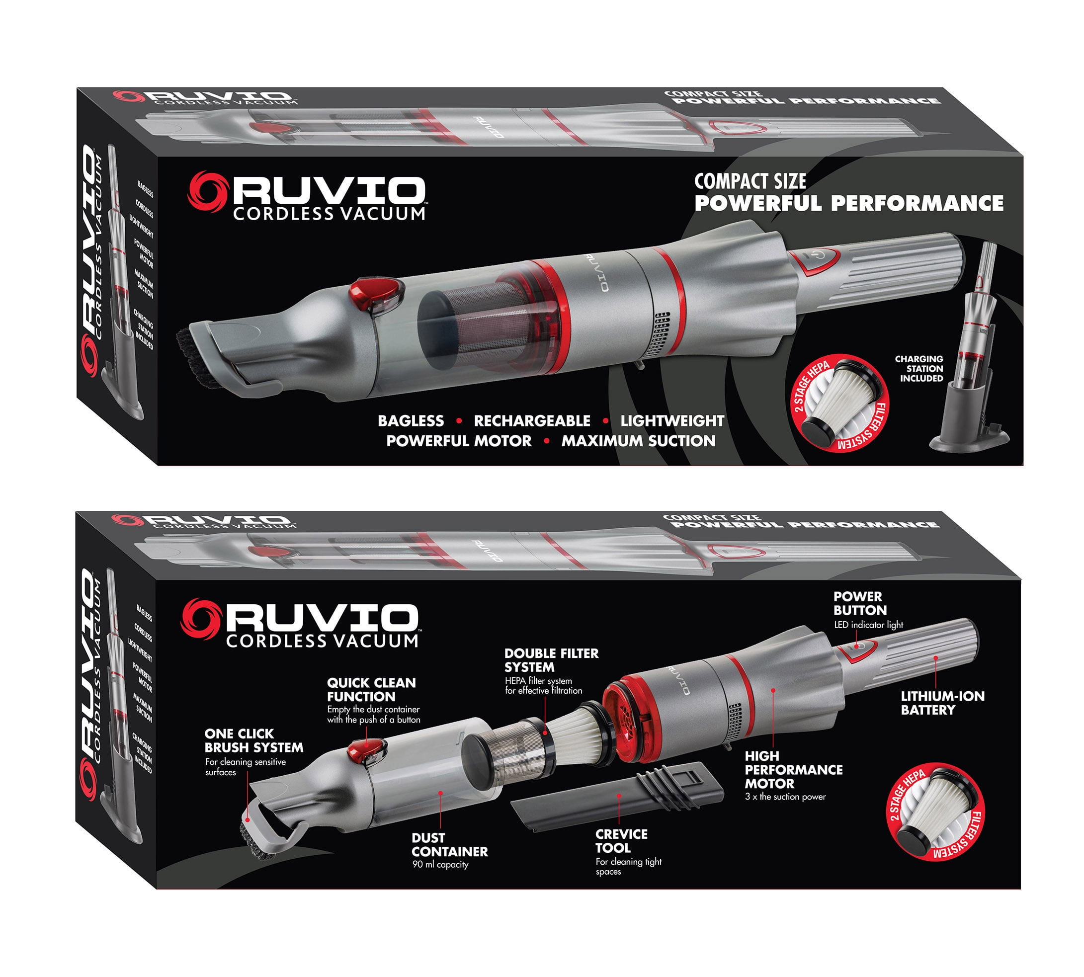 Ruvio Cordless Vacuum Silver 4 Piece High Suction Rechargeable Bagless Handheld Vacuum Cleaner Double HEPA Cleaning Care