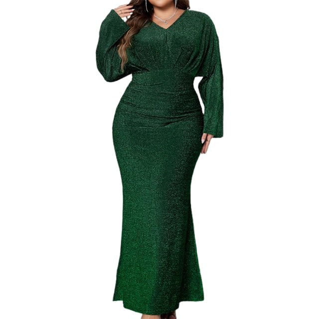 Gupgi Robe de Soirée Pailletée pour Femme Grande Taille Couleur Unie Manches Longues Col en V Ajustée Longue Robe Cocktail Formelle Bal de Promo TG-TTTTG