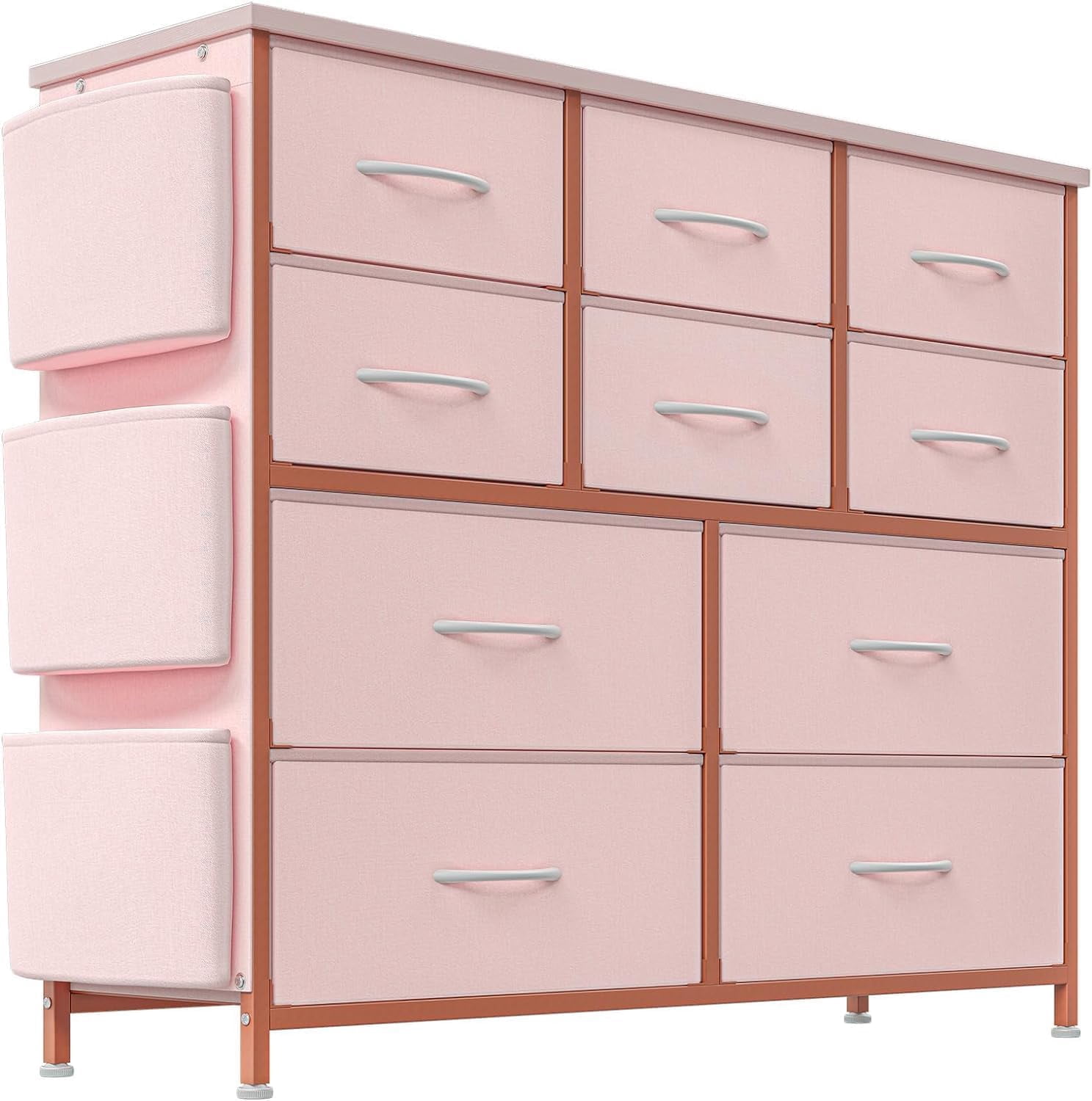 Dresser for Bedroom, 10 Drawers Fabric Storage Drawer, Dressers & Chest of Drawers with Side Pockets, Hooks, Wood Tabletop for Closet, Living Room, Hallway (Pink)