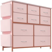 Dresser for Bedroom, 10 Drawers Fabric Storage Drawer, Dressers & Chest of Drawers with Side Pockets, Hooks, Wood Tabletop for Closet, Living Room, Hallway (Pink)