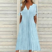 Meichang Womens Summer Henley Dresses Short Sleeve Tie Knot Midi Dresses V Neck Button Up Dresses Eyelet Knee-Length Dresses Solid Color Loose Fit Vacation Dresses