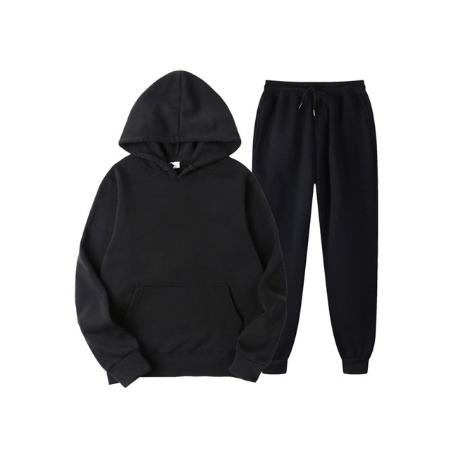 Innerwin Hoodies And Sweatpant Set Solid Color Mens Tracksuit Winter Hooded Warm 2 Piece Hoodie Black M