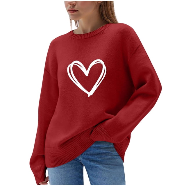 Lenpel Chandails Surdimensionnés pour Femmes, Décontractés, à Manches Longues, Col Rond, Imprimé de Cœurs, Chandails Grande Taille, Chandail Ample à Enfiler, Hauts (Rouge, 3X-Grand)