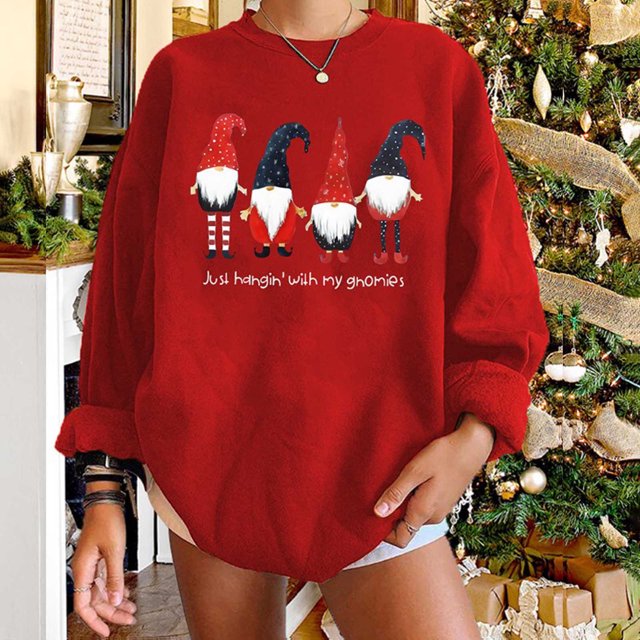 Mode Femme Col Rond Manches Longues T-Shirt Automne Impression Chirstmas en Vrac Chemisier Tops Sweatshirt