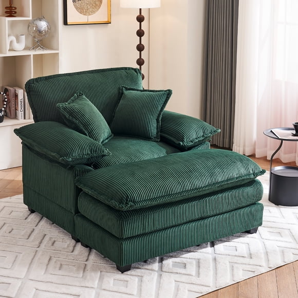 MODERNLUXE 46.9" Oversized Sofa Chair with Ottoman,Corduroy Cloud Sofa Bed with Extra Deep Seat & 2 Cushions,Upholstered Couch Modular Sectional Sleeper Couch for Living Room Bedroom,Green