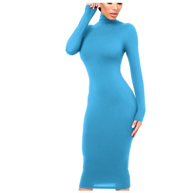 Gspmoly Robes pour Femmes, Mode Femme Robe Longue Ajustée à Col Montant à Manches Longues Robe de Couleur Unie Robes de Soirée pour Femmes Offres des Fêtes