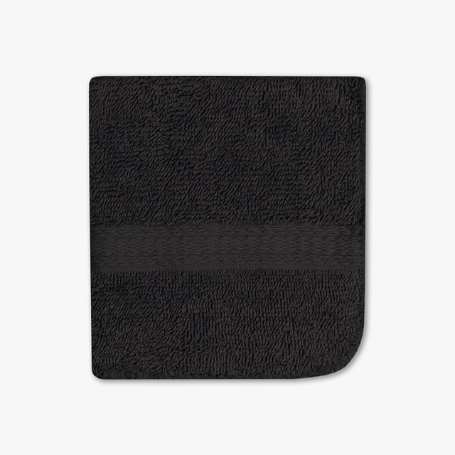 Mainstays Basic Débarbouillette Noire, 12 par 12 Pouces, Faite de 100 % Coton avec une texture Éponge Moelleuse et une Bande Tissée Horizontale, Convient à l'Usage Quotidien dans la Salle de Bain et Douce pour la Peau.