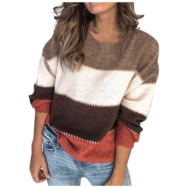 WUANDIXFA Ladies Fall Sweaters Women Kintted Tops Color Block Pullover Sweater Casual Winter Long Sleeve Orange,4XL