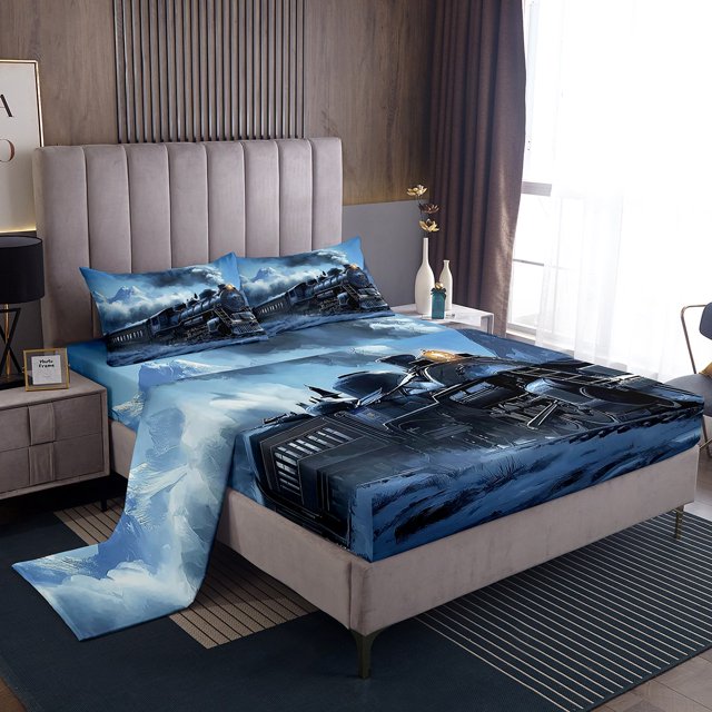 Erosebridal Black Train Bed Sheets Set Twin Size, Steam Engine Bedding Set, Black Blue, 3 Pieces,