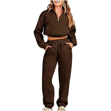 IROINNID Survêtement pour Femmes Ensemble 2 Pcs Réduit Décontracté Couleur Demi-Fermeture Éclair Chandail à Capuchon à Manches Longues Pantalon Ensemble de Sport Décontracté Survêtement, Brun