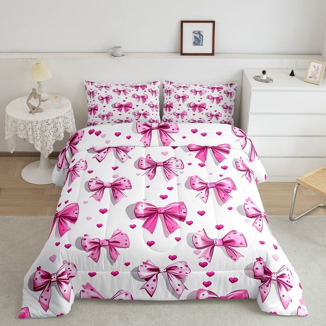 Erosebridal Girly Bow Bedding Full Comforter Set, Colorful Flower Down Comforter, Cartoon Theme Decor, Reversible 3 Pieces