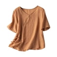 thumbnail image 2 of Meichang Hauts en Coton et Lin pour Femmes Décontractés d'Été à Manches Courtes à Col Rond T-Shirts Rétro Coupe Ample T-Shirts Unis Fluides Blouses Courtes de Vacances Orange G, 2 of 4