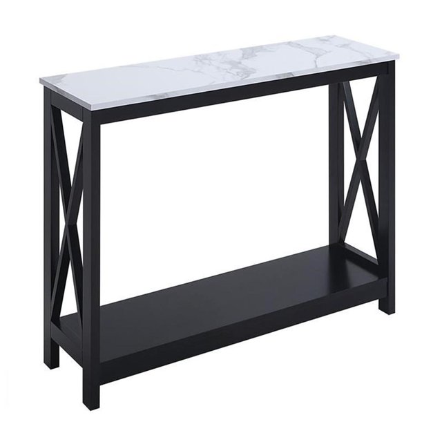 Pemberly Row Table Console avec Tablette en Faux Marbre Blanc et Dessus en Bois Noir