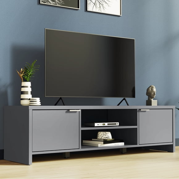 Madesa Meuble Télé avec Rangement d'Armoire et Étagères Ouvertes pour Rangement Multimédia de 55, 65 Pouces Console Multimédia de Jeu Centre de Divertissement pour Salon Armoire Télé Moderne en Bois - Gris