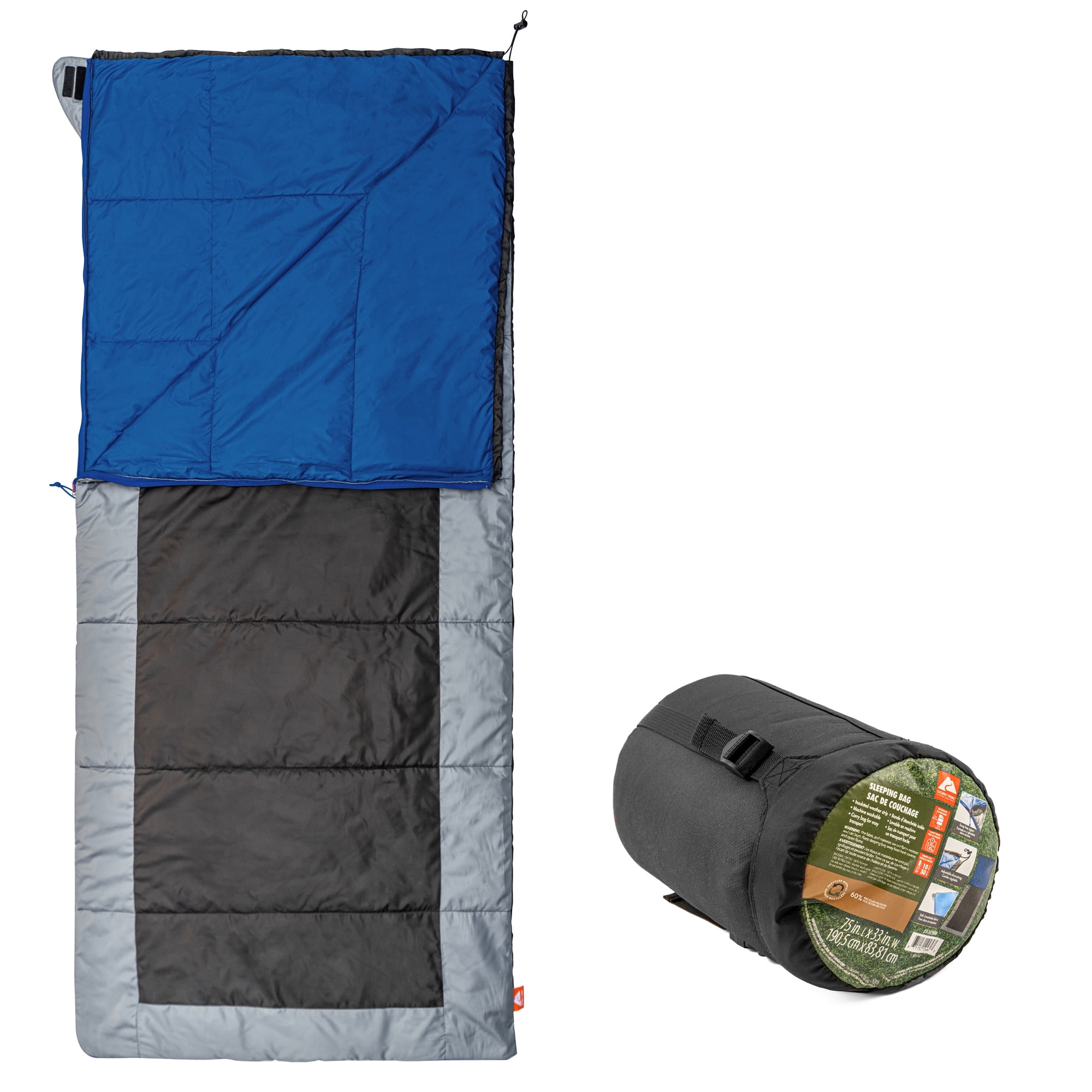 Ozark Trail 10C Sleeping Bag, 75"(L) x33" (W), Temp Rating +50℉/+10℃, Polyester Fabric, Blue, Black and Grey