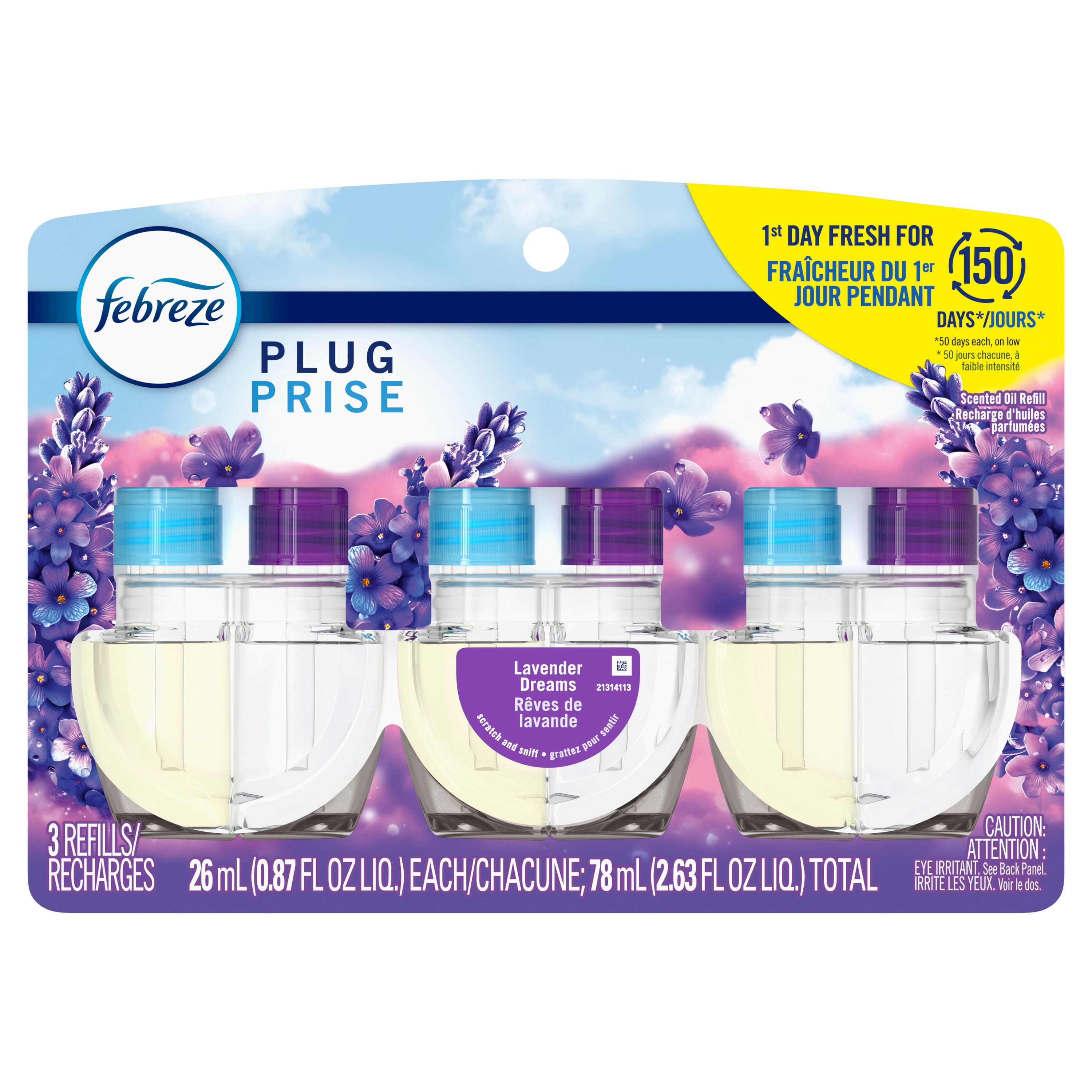 Febreze Désodorisant à Brancher, Recharge d'Huile Parfumée Anti-Odeurs, Parfum Rêves de Lavande, 3 Recharges