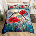 thumbnail image 2 of Housse de Couette Grand Lit Coquelicot Rouge, Housse de Couette Libellule Fleurs Rouges Jardin Rustique pour Adultes Ados, Ensemble de Literie Patchwork Style Vitrail Artistique (Sans Couette), 3 Pcs, 2 of 6