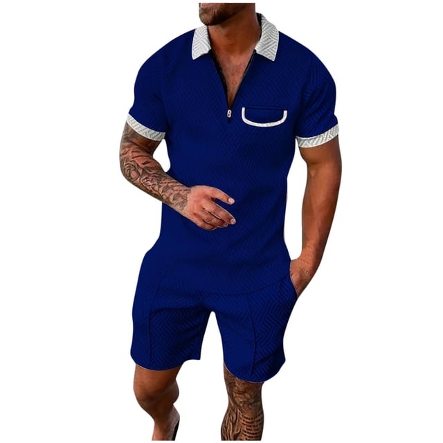 Cameland Two Piece Short Outfits Men Color Block Tracksuits Sport Summer Short Sleeve and Shorts Set for Men
