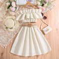thumbnail image 1 of ZHUASHUM Summer Outfits For Girls 9-10 Years Child Winter Sleeveless Solid Color Ruffles Tops Skirt With Belt 3Pcs Outfits Clothes Set Beige, 1 of 1