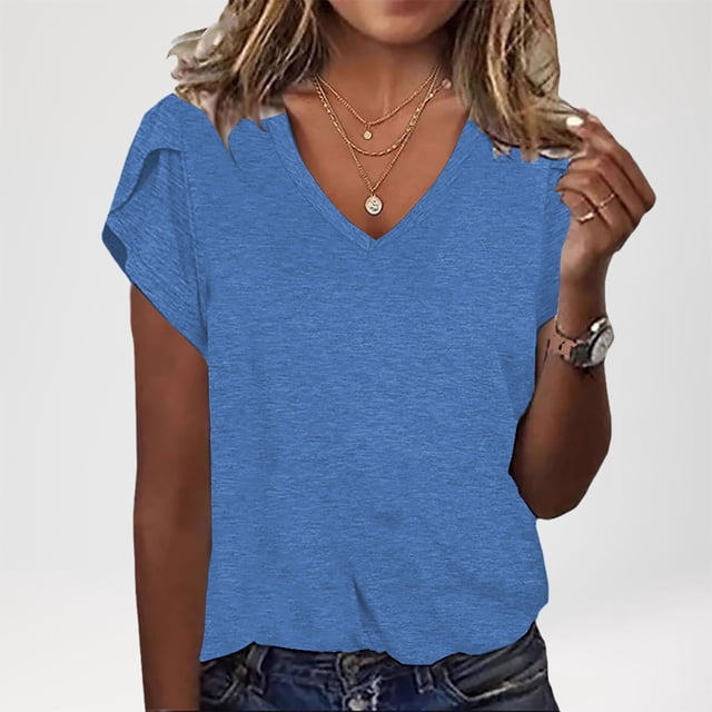 Nouvelle Sortie, Chemise Décontractée à Manches Courtes Patchwork Col en V en Coton pour Femmes, Style Confortable et Décontracté, Garde-Robe/coton Essentiel, Bleu, Sopatenor