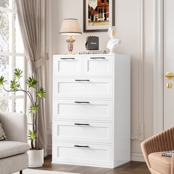 Homfa Commode Blanche à 6 Tiroirs, Commode Haute pour Chambre Armoire de Rangement en Bois avec Poignées en Métal