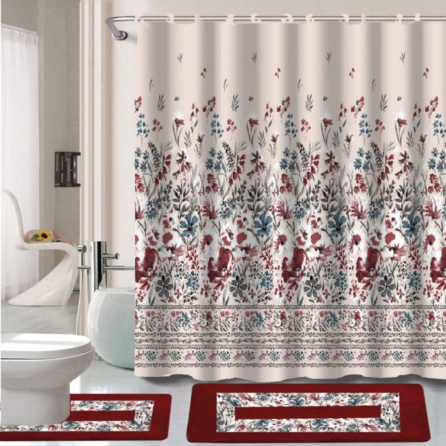 15-Piece Bathroom Set 2-Rugs/Mats Non Slip 1 Fabric Shower Curtain With 12-Fabric Covered Rings Different Styles and Colors For Home Bath Dcor Peony Purple