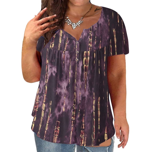 TIMIFIS Women's Plus Size Tunic Tops Summerhort Sleeve V Neck Blouses Ruffle Flowy Button Up T Shirts