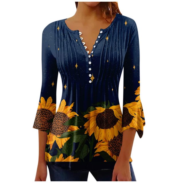 Birdeem Corset Tunique Basique à Manches 3/4 Trompette Imprimée Boutonnée Plissée