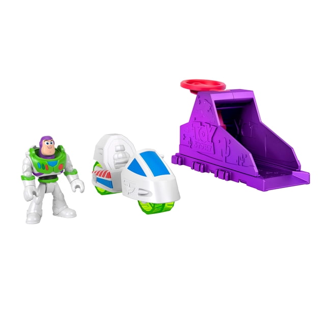 Imaginext Ensemble Lanceur avec Disney et Pixar Histoire de jouets Buzz Lightyear Figurine Mettant en Vedette une Figurine d'Action Buzz Lightyear de 3 Pouces en Tenue Blanche et Verte, un Véhicule-Jouet Blanc et Bleu avec des Roues Vert Translucide, et un Lanceur Violet avec une Pavé Électrique Rouge Embossé avec les logos Histoire de jouets, Convient pour Lancer des Personnages dans un Jeu à Grande Vitesse.
