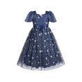 thumbnail image 2 of Girls Dress Blue Sequin Ruffle Collar Maxi Bow Tie Flare Short Sleeve 6 Years, 2 of 6