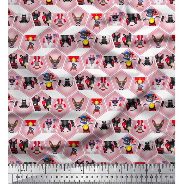 Soimoi Japan Crepe Satin Fabric Geometric & Dogs Patchwork Printed Fabric 1 Yard 42 Inch Wide