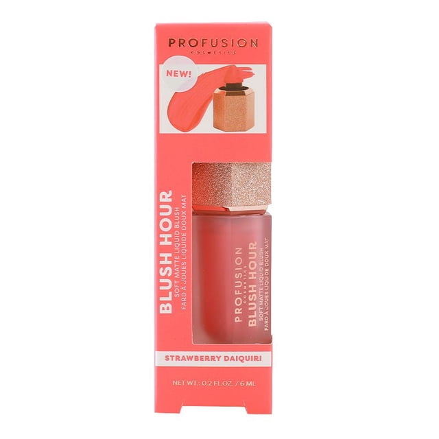 PROFUSION COSMETICS Blush Hour soft matte liquid blush in Strawberry Daiquiri shade, displayed in a 6 ml frosted bottle with a glittery rose gold cap inside a coral pink box showing product name and shade, offering richly pigmented, long-lasting cheek colour.