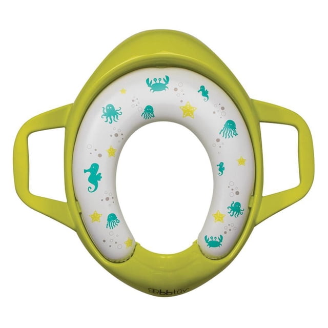 bblüv - Pöti - Toilet Seat for Potty Training in lime green with a removable white cushion decorated with blue sea creatures and yellow starfish, featuring built-in handles and non-skid pads for toddler safety, fits most standard toilets and supports confident potty training.