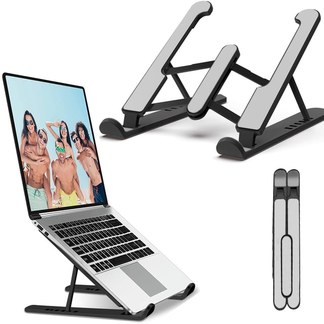 Support pour Ordinateur Portable, Support Portable pour Ordinateur Portable pour Bureau avec Hauteur Réglable à 6 Niveaux, Conception Ergonomique et Refroidissement Ventilé. Illustré en Noir, Il Est Fait d'ABS, d'Alliage d'Aluminium et de silicone. Compatible avec les Ordinateurs Portables de 11 à 15,6”, Il Est Léger, Pliable et Pratique pour le Voyage.