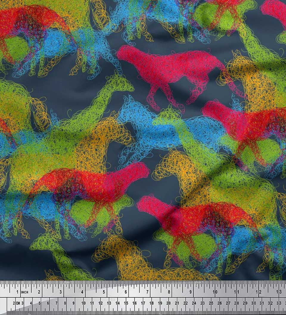 Soimoi Blue Velvet Fabric Giraffe,Leopard & Horse Animal Decor Fabric Printed BTY 58 Inch Wide
