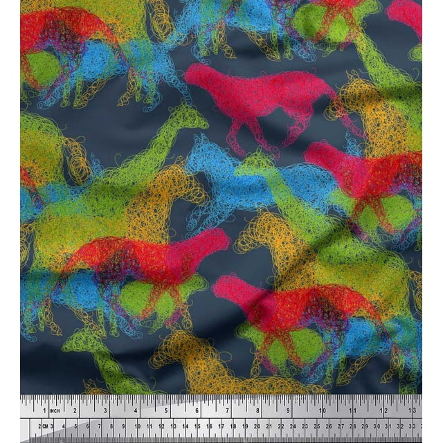 Soimoi Blue Poly Georgette Fabric Giraffe,Leopard & Horse Animal Print Sewing Fabric BTY 52 Inch Wide