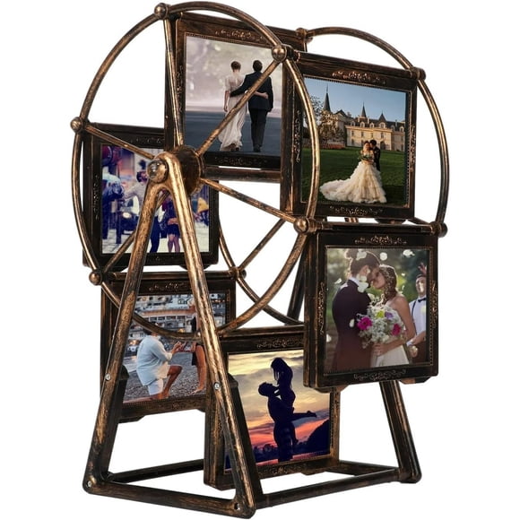 Cadre Photo à Grande Roue Rotative 12 Photos, Motifs Embossés Vintage Cadre 5 Pouces pour Déco Maison Cadeaux de Mariage Anniversaire, Bronze Antique