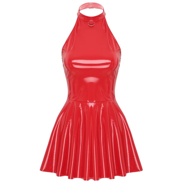 pvc halter neck dress Moggemol Womens Wet Look Leather Bodycon Mini Latex A-Line Dress for Birthday Party Red 3XL sizing:16.20.4XL