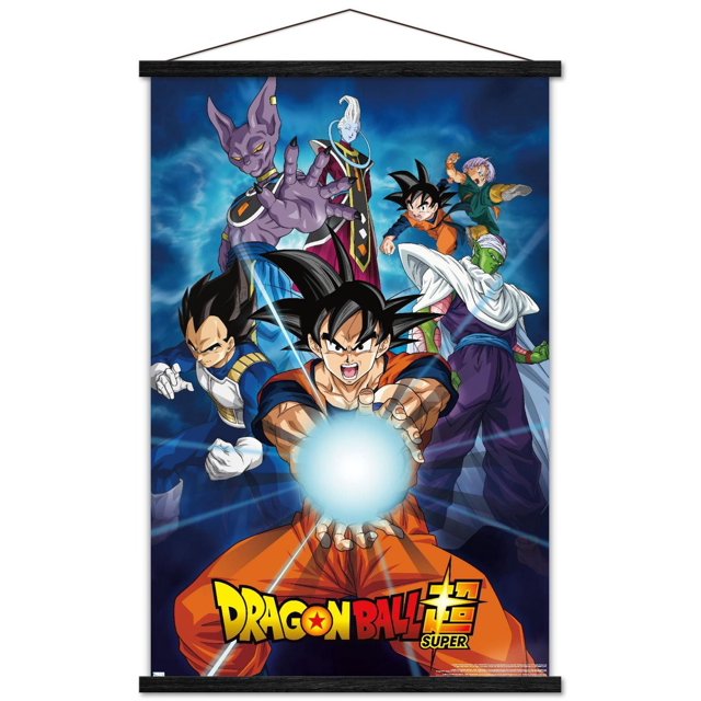Dragon Ball Super - Affiche Murale de Groupes, 22,375 Po x 34 Po Encadrée Présentant Sept Personnages de l'Anime en poses d'Action Dynamiques sur un Fond d'Énergie Bleu, avec Goku au Centre Exécutant une Explosion d'Énergie, Vegeta en Posture de Combat, Piccolo aux Bras Croisés, Trunks à Mi-Coup de Pied, Beerus Tendant vers l'Avant et Whis Se Tenant derrière, au-Dessus du logo Dragon Ball Super au Bas, Idéale pour la Déco de Chambre de