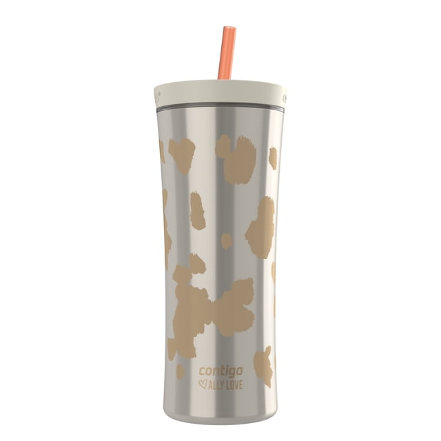Contigo x Ally Love Streeterville AUTOCLOSE Shake & Go Tumbler, 20 oz, stainless steel with beige abstract spots, cream AUTOCLOSE lid, and peach straw, double-wall insulated to reduce condensation, fits most car cup holders, dishwasher safe, ideal for on-the-go hydration and mess-free mixing.