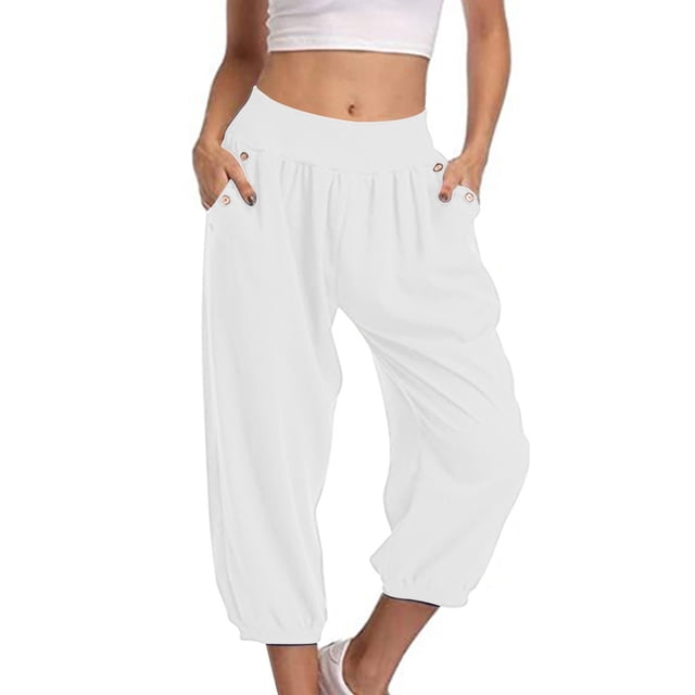 Timegard Womens Capri Pants Elastic High Waist Button Comfy Solid Color Casual Crop Pants with Pockets