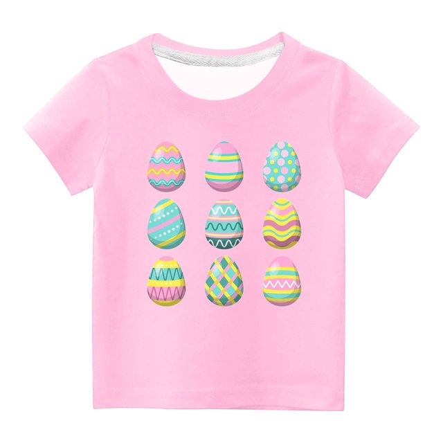 Penkiiy T-Shirts de Pâques pour Enfants Garçons Filles Mode Pâques Mignon Œufs de Pâques Imprimé Col Rond Manches Courtes 11 Ans Rose